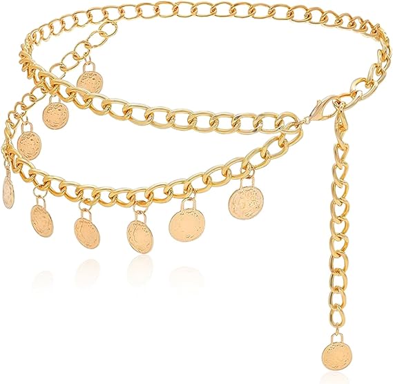 Gold Chain Belt, Waist Chain with Coin Pendants, Belts for Women 38.6 in Adjustable Metal Body Jewelry for Dresses, Medieval Boho Festival Costume Accessory