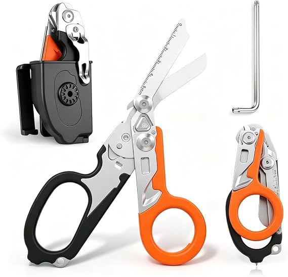 Rescue Scissors 6-in-1 Multitool Clothes Scissors Rescue Service Trauma Scissors Rescue Service with Wrench and Sheath Emergency Folding Scissors Raptor Scissors for Rescue Workers (Orange & Black)