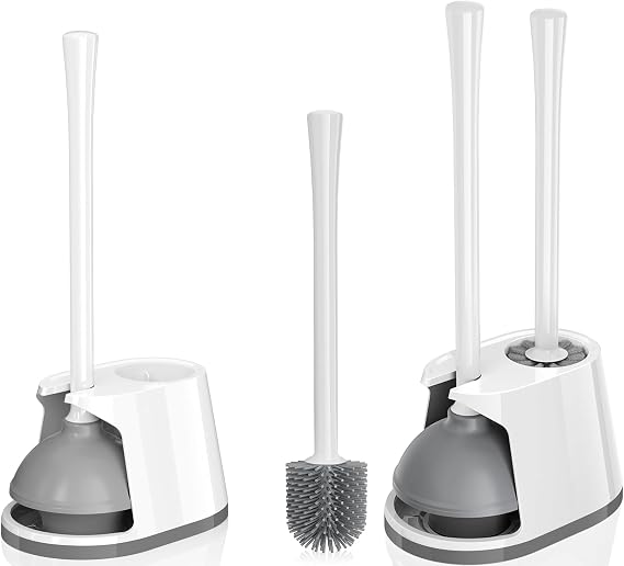 2 Pack Toilet Plunger and Silicone Brush Set and Toilet Bowl Brush and Heavy Duty Toilet Plunger with Ventilated Holder, 2-in-1 Toilet Brush and Plunger Combo for Bathroom Deeply Cleaning