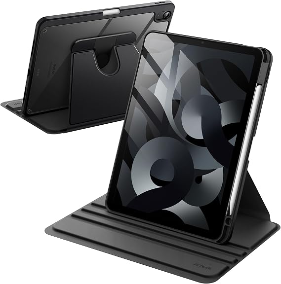 JETech 360 Rotating Case for iPad Air 11" M4/M3/M2 & iPad Air 5/4, Black | Cover for iPad Air 11" (2026-2024) & Air 5/4 10.9" (2022/2020), Multi-Angle Stand, Clear Back, Pencil Holder