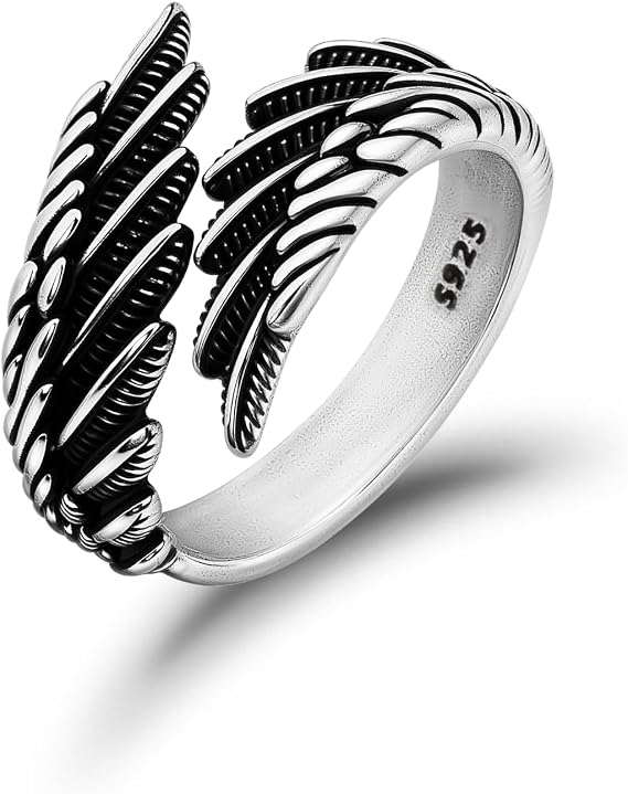 925 Sterling Silver Vintage Feather Ring, Adjustable Stacking Statement Angel Wing Thumb Ring, Boho Jewellery Gift for Women Men
