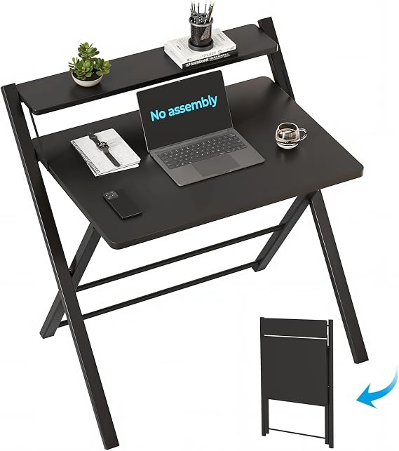 GreenForest Folding Desk No Assembly, Sturdy Computer Desk for Small Spaces | Portable Foldable Table for Laptop, 2-Tier Compact with Shelf, Space Saving for Home Office, Dorm, Apartment, 27"x 22" Black