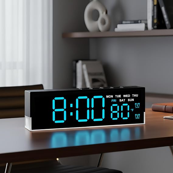 45MinST 7-Inch LED Digital Alarm Clock with Bottom Glow Light|Displays Time, Date, Day, Temperature|Dual Alarms, DST, Auto/Manual 3-Level Brightness, Battery or USB Powered Desk Clock,Blue