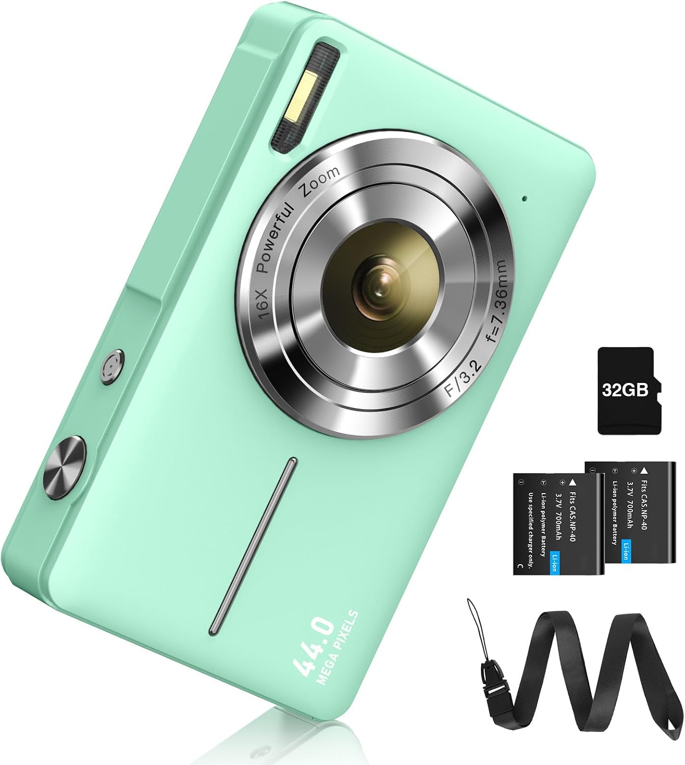 Digital Camera FHD 1080P 44MP Camera with 32G Card 16X Digital Zoom Digital Camera with Battery Portable Simple Digital Camera for Children Students Teenagers Beginners Seniors Green