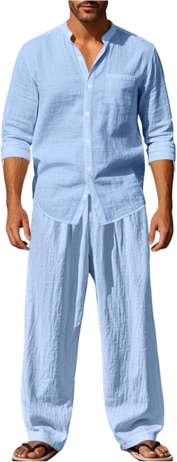 Mens 2 Piece Sets Summer Long Sleeve Button Down Henley Shirt Loose Long Pant Sets Beach Vacation Jogging Tracksuit