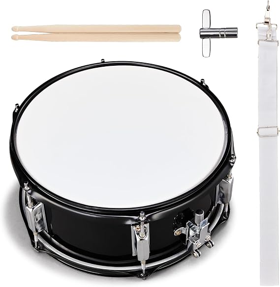 12 x 5.5 Inch Marching Snare Drum Kit with Drumsticks and Adjustable Shoulder Strap & Drum Key, Metal Snare Drum for Students, Beginners & School Band (Black)
