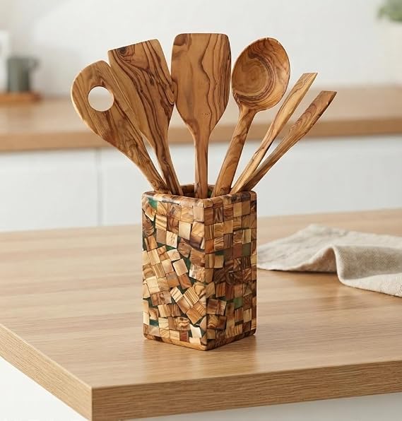 Zeytin Ağacı Mutfak Gereçleri Seti (5 parça) ve Epoksi Mozaik Kaşıklık – Doğal, Antibakteriyel ve Ergonomik Servis Seti