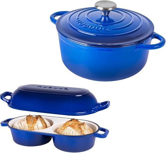 nuovva Enamelled Cast Iron Cookware Bundle Round Casserole Dish with Lid & Double Bread Loaf Pan Premium Ovenproof Cookware Set for Baking, Roasting & Everyday Cooking