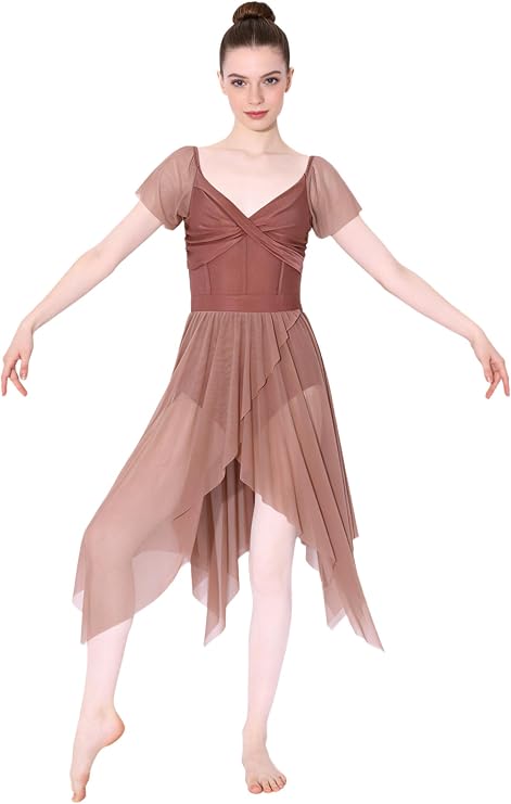 Lyrical Dance Dress Costume for Women | Flutter short sleeve,U-Back,Irregular mesh skirt,Lyrical to Skating to Ballroom,Machine washable