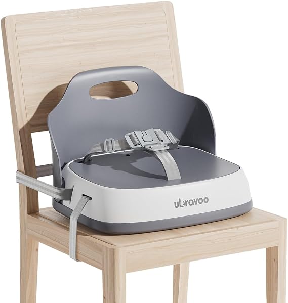 UBRAVOO Portable Booster Seat for Dining, Travel High Chair with 3-Point Harness and 2 Adjustable Straps, Washable Baby Food Chairs 6 Months Plus Sitting Up(Grey)