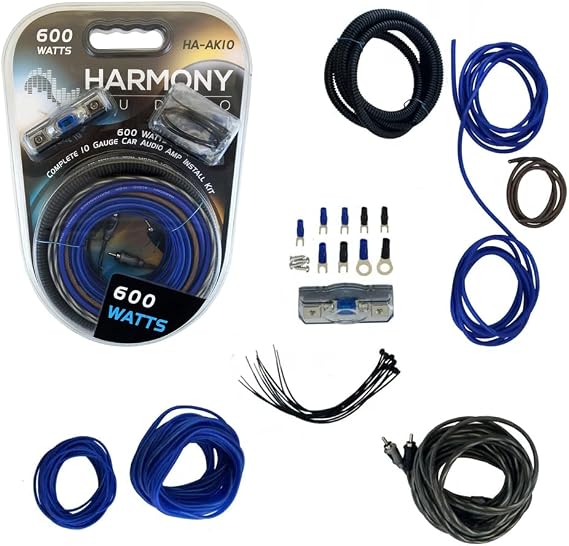10 Gauge Amp Wiring Kit 600 Watt Amplifier Install Kit - Harmony Audio | 10 AWG power ground and remote cables with fuse holder, RCA leads, nickel plated terminals, car stereo installation hookup