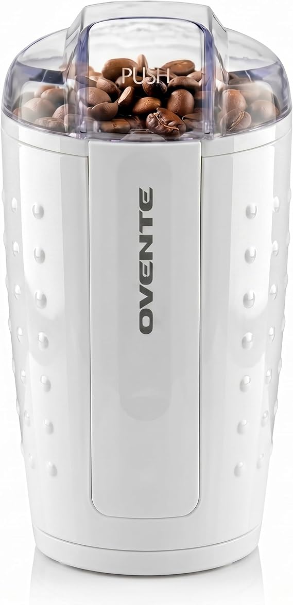 OVENTE Electric Coffee Grinder with One Touch Push-Button, White CG225W | 2.5oz Capacity, 150W Motor, Stainless Steel Blades for Uniform Grinding of Beans, Spices, Herb, Nuts & More, Safety Lock Lid