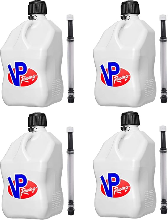 VP Racing Fuels 5.5 Gallon Motorsport Utility Container with 14 Inch Standard Hose Close Trimmed Cap and Neck for Tight Seal, White (4 Pack)
