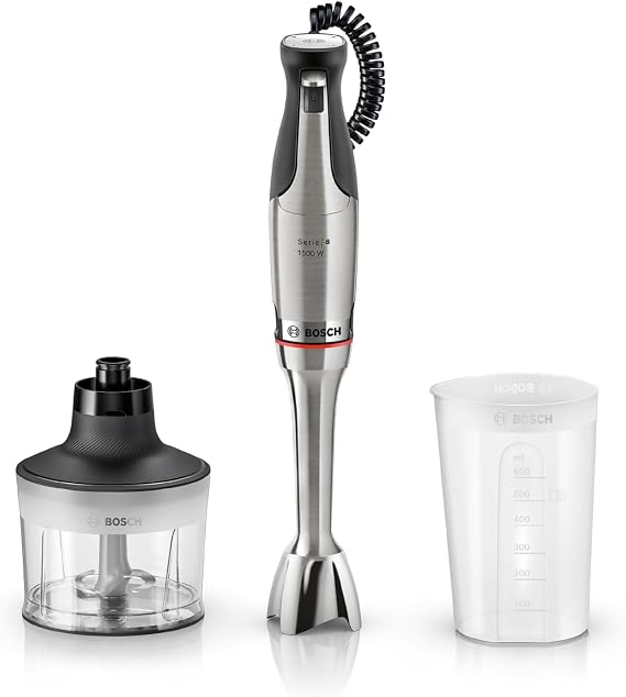 Bosch ErgoMaster Series 8 MSM8M930 Hand Blender Mixing Cup Universal Chopper Stainless Steel Blades Dishwasher Safe Spiral Cable 1500 Watt