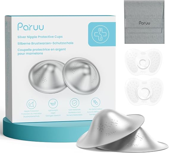 Paruu Silver Nipple Shields for Breastfeeding | 999 Silver Nursing Cups with Silicone Nipple Covers | IBCLC Recommended | Soothe Sore Nipples | Reusable Nipple Protectors for Newborn Moms