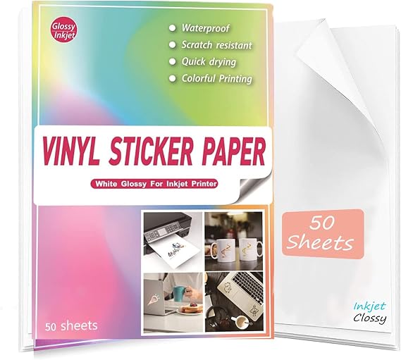 Waterproof Printable Vinyl Stickers Paper for Inkjet Printer- 50 Glossy Sticker Paper White Decal Cricut Sheets A4 - Holds Ink Beautifully & Dries Quickly