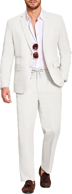 COOFANDY Men's 2 Piece Linen Suits Set Casual Lightweight Linen Suit Blazer Jacket and Pants