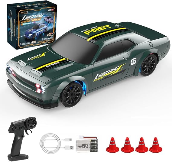 1/43 Mini RC Drift Car - 2.4G 4WD Full-Proportional 15KM/H High Speed RC Racing Car with Gyro, Drifting Tires, LED Lights and Barricade Barrels(8501 Green/RTR Version)
