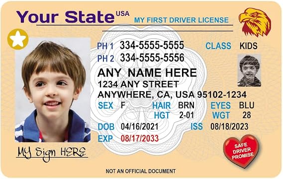 Customized Children's Driver's License indicating a Phone Number for Anti-Loss with a Card Holder Clip (Sand Yellow)
