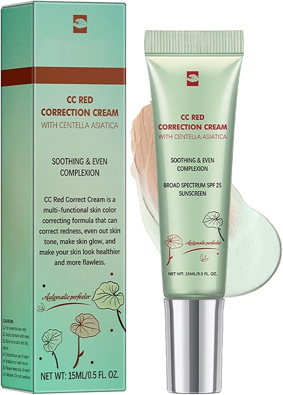CC Red Correct Cream with Centella Asiatica & SPF 25, Anti-Redness Green Color Correcting Foundation, Lightweight Tinted Moisturiser to Refine Texture for Softer, Hydrated Skin