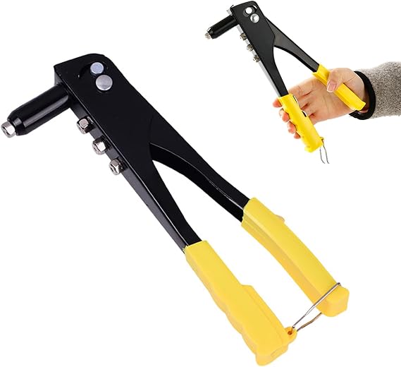 Rivet Gun, Hand Riveter, Manual Riveting Tool, Pop Rivet Gun, Suitable for Riveting in Construction, Automobiles, Ships, with 4 Guide Nozzles (2.4mm /3.2mm /4.0mm /4.8mm)
