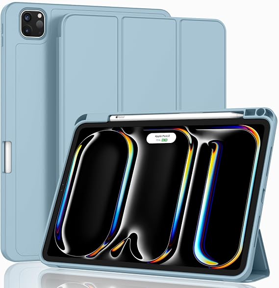 ZryXal New iPad Pro 13 Inch Case (M5) 2025 / (M4) 2024 with Pencil Holder, Smart iPad Case [Support Pencil Pro and Pencil (USB-C)], Support Touch ID and Auto Wake/Sleep (Update Light Blue)