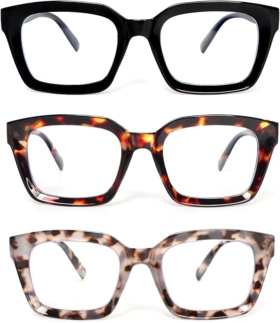 3 Pack Reading Glasses Women Square Blue Light Blocking Oversized Fashion Large Eyeglasses