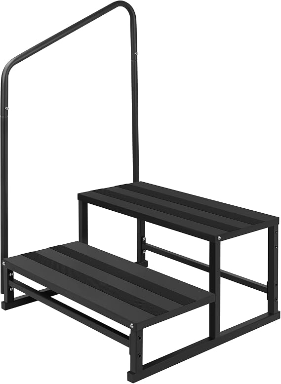 RV Steps with Handrail for Both Sides, 2 Step Stool with Handle w/Wide Platform & Anti-Slip Mats, Portable Stairs for Hot Tub/Camper/Mobile Home/Porch/SPA Pool/Pet Stairs (2 Steps)