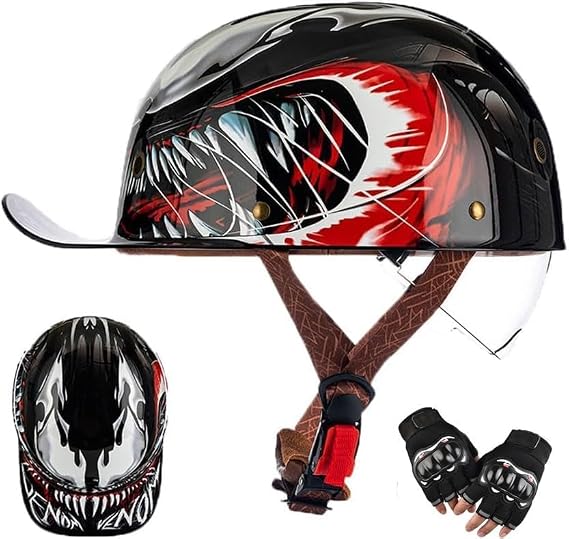Vintage Open Face Motorcycle Helmet Retro Baseball Cap DOT Approved Men Women Adult Half Shell with Drop-Down Sun Visor for Moped Scooter Street Cruiser 54-62CM