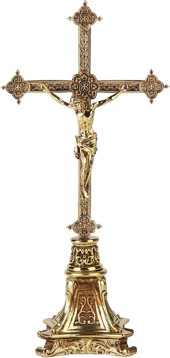 BC Catholic Metal Standing Crucifix, Jesus Christ Cross for Altar, Catholic Wedding Gifts, Devout Home Decor, 7.8" H Zinc Alloy with Gold Plating from Buildclassic