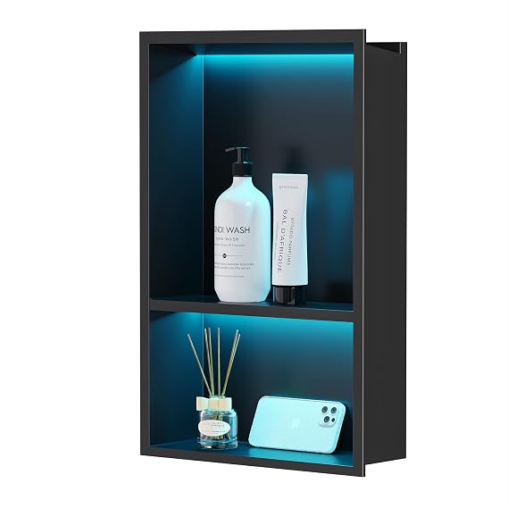Wandnische Dusche Edelstahl mit RGB LED-Licht Doppel-Duschnische Schwarz Lagerung mit Fernsteuerung für Badezimmer 45x30 cm