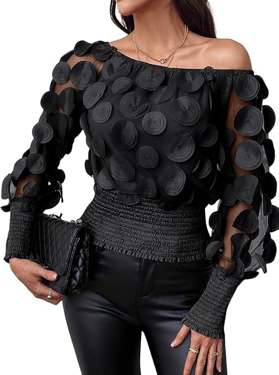 UOOZEE Women's Long Sleeve Mesh Top Off Shoulder Sheer Blouse See Through Tops