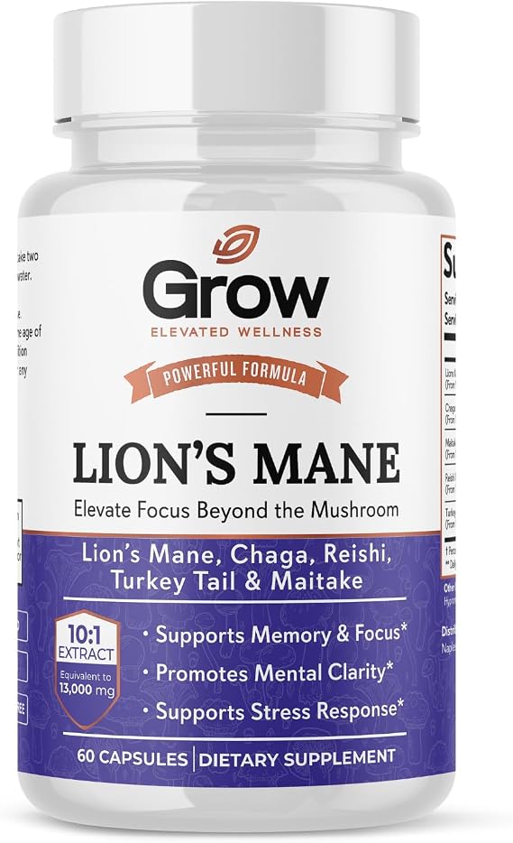 grow vitamin Organic Lions Mane Supplement Capsules - Focus, Mental Clarity & Cognition - Nootropic Lion's Mane Mushroom Supplement with Organic Lions Mane, 90 Capsules