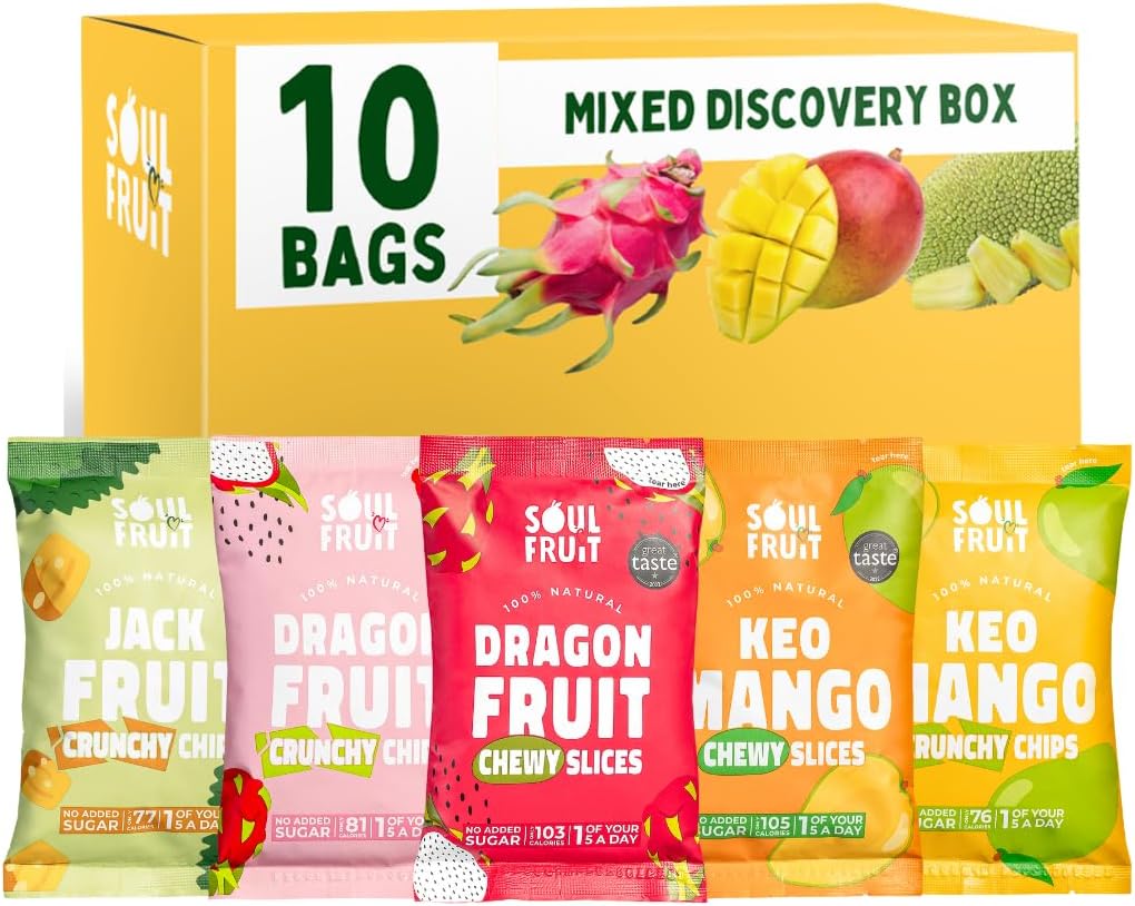 Soul Fruit Discovery Box - Dried Fruit & Freeze Dried Fruit Snacks - Dragon Fruit, Mango, Jackfruit - No Added Sugar - Low Calorie - Lunchbox Snacks - Healthy Snacks for Adults & Kids - 10 x 3020g
