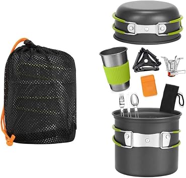 Camping Cookware Stove Carabiner Canister Stand Tripod and Stainless Steel Cup, Tank Bracket, Fork Spoon Kit for Backpacking, Outdoor Camping Hiking and Picnic