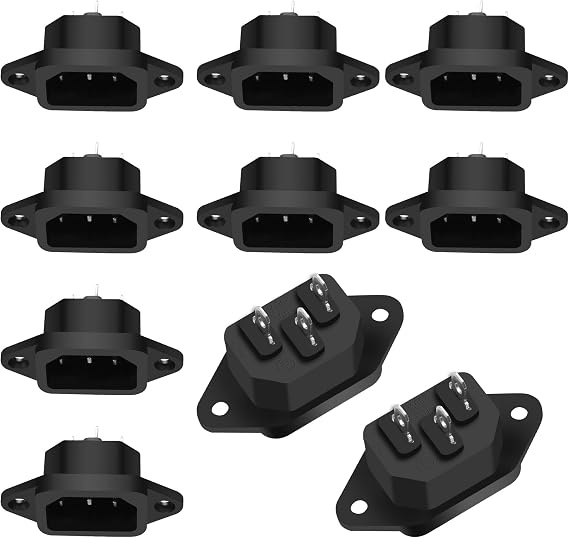 XMSJSIY IEC320 C14 Panel Mount AC Power Plug Adapter 250V 10A C14 Male 3Pin Power Socket Connector 3 Pin Terminals Chassis Panel IEC C14 Inlet Module Power Socket Straight -10 PCS