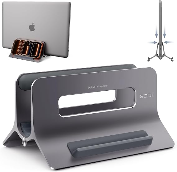 SODI Vertical Laptop Stand for Desk, Gravity Auto Lock MacBook Stand, Aluminum Laptop Holder Vertical Compatible with MacBook Pro, Air, Tablet, Space-Saving Organize Work & Home Office, Gray