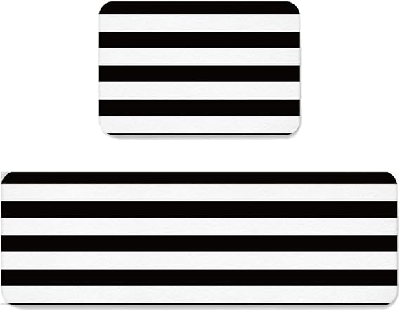 Black White Stripes Kitchen Mat Set of 2, Cushioned Anti-Fatigue Kitchen Rugs, Waterproof & Non-Slipping Kitchen Mat for Floor, Durable Kitchen Rugs and Mats for Kitchen & Laundry, Geometric