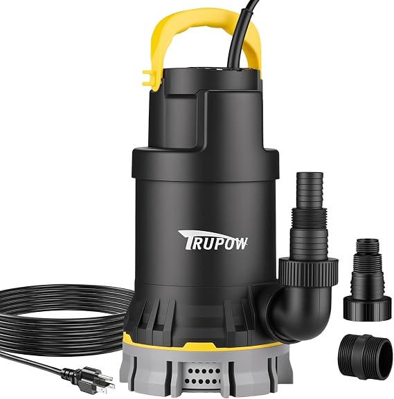 TRUPOW 1 HP Sump Pump 4000 GPH Clean/Dirty Submersible Water Pump Thermoplastic Portable Electric Utility Pump with Folding handle for Swimming Pool Garden Basement Tub Pond Draining