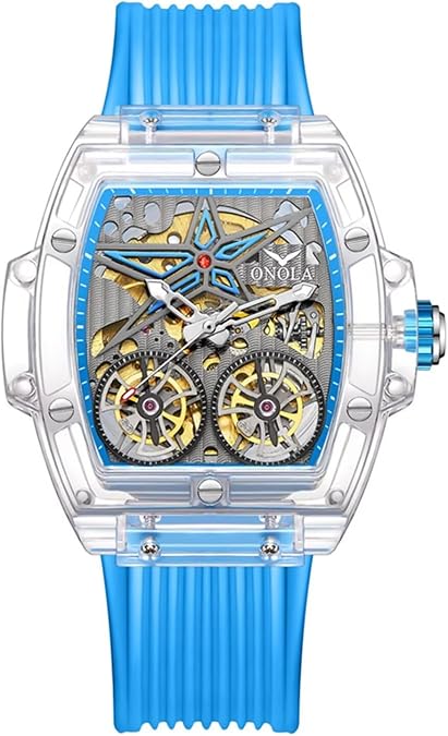 Men Mechanical Automatic Watch Rectangle Skeleton Large Dial Fashion Wristwtach for Men Silicone Strap Casual Watch for Mens
