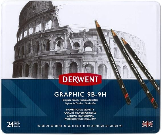 Derwent 34202 Graphic Full Set Graphite Drawing Pencils, Professional Quality (9B-9H), Black,Set of 24