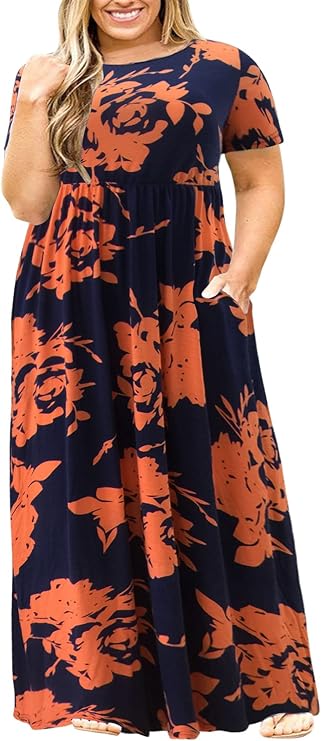 Nemidor Women Plus Size Casual Maxi Dress Long Summer Pockets | Size 14-26 Plus, Elastic Waist, Short Sleeve, Loose,Curvy, Church, Wedding, Vacation, Beach, Boho, Hawaiian, Work, Easter