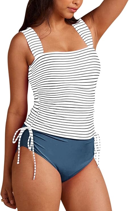 Pink Queen Women's 2 Piece Tankini Bathing Suit Tummy Control High Waisted Bikini Bottom Ruched Drawstring Swimsuit