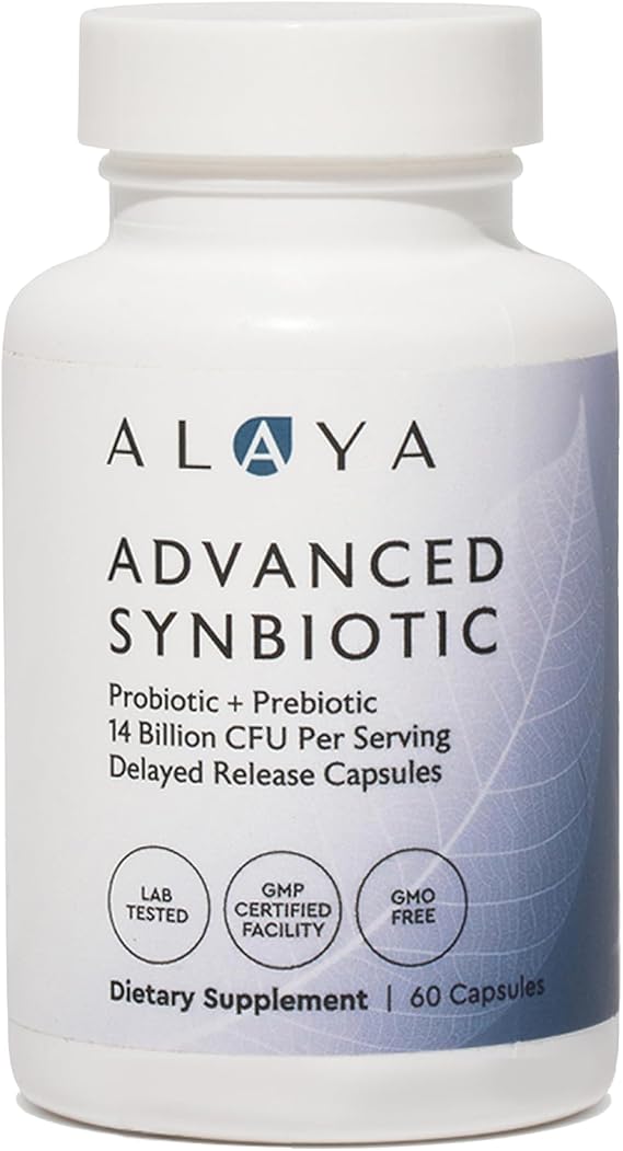 Alaya Naturals Advanced Synbiotic - Probiotic + Prebiotic - 14 Billion CFU Delayed Release Probiotic Supplement with Prebiotics from Sunfiber, and L-glutamine for Gut Lining Integrity - 60 Capsules