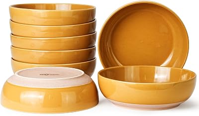 Pasta Bowls Set of 8, 34oz Speckled Ceramic Bowls Set for Serving Salad, Pasta, Soup, Dinner, 8 Wide and Deep Bowls, Dishwasher & Microwave Safe, Matte Terracotta Base Ginger Yellow