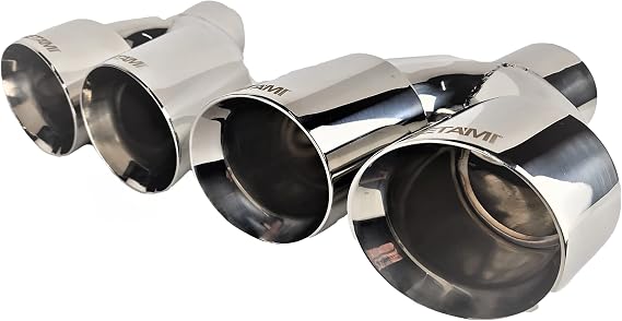 NETAMI 3" Inlet to 4" Quad Staggered Outlet Stainless Steel Exhaust Tip Double Wall Side Exit Chrome Polish A Pair
