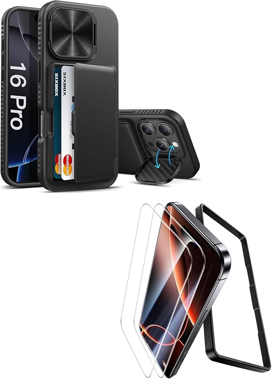 iPhone 16 Pro 6.3 Case with Card Holder & Kickstand & 2 Pack Screen Protector, Military Grade Shatterproof & 9H Hardness Tempered Glass, Black