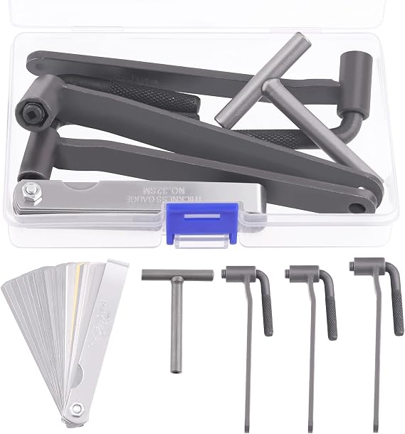 5Pcs Motorcycle Engine Valve Adjustment Tool Kit Includes 8mm/9mm/10mm Valve Screw Repair Wrench, 32 Blades Steel Feeler Gauge and T Type Spanner, Square Hexagon Socket Spanner & Feeler Gauge