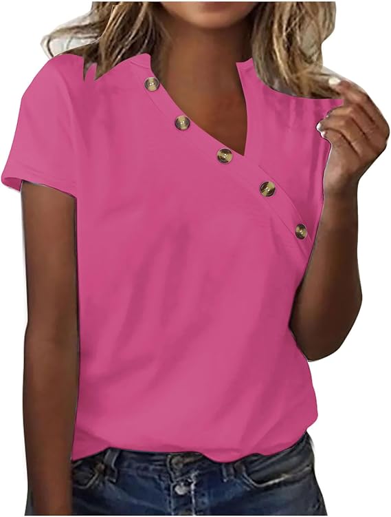 T Shirts for Women Button V-Neck Basic Tees 2025 Summer Trendy Short Sleeve Blouses Plus Size Tunic Tops
