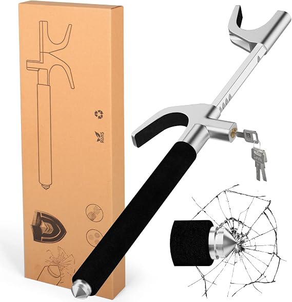 Steering Wheel Lock Universal Security Car Lock with Escape Hammer Retractable Wheel Locks Adjustable Anti-Theft Prevention Device with 3 Keys for Universal Fit Vehicles